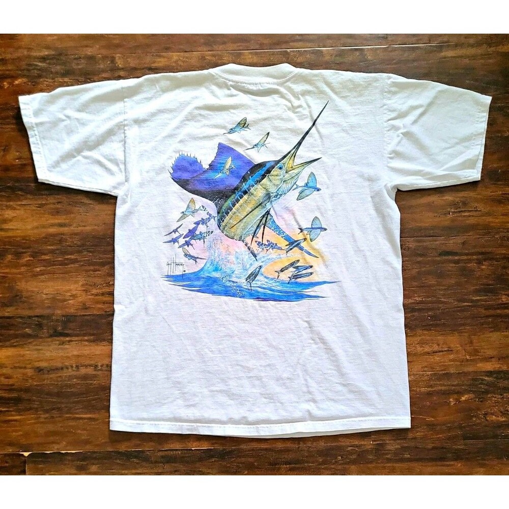 Guy Harvey Original Mens L White Cotton Crew Neck Pocket T-Shirt Marlin Graphic